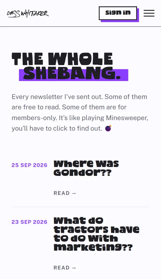 Her newsletter archive on a phone, headed The whole shebang, newest issue first