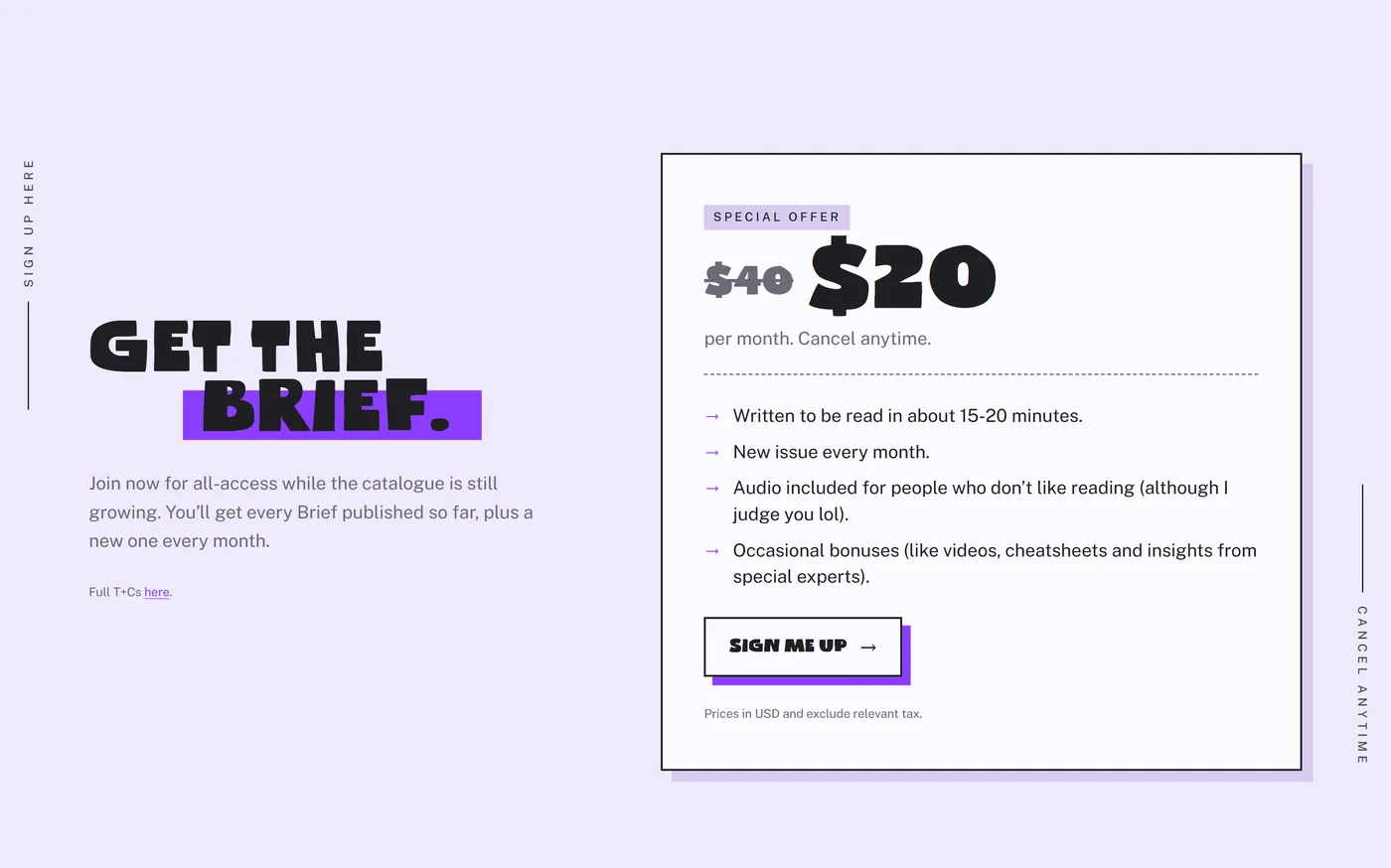 The Brief's sign-up box: $40 struck out, $20 a month, cancel anytime