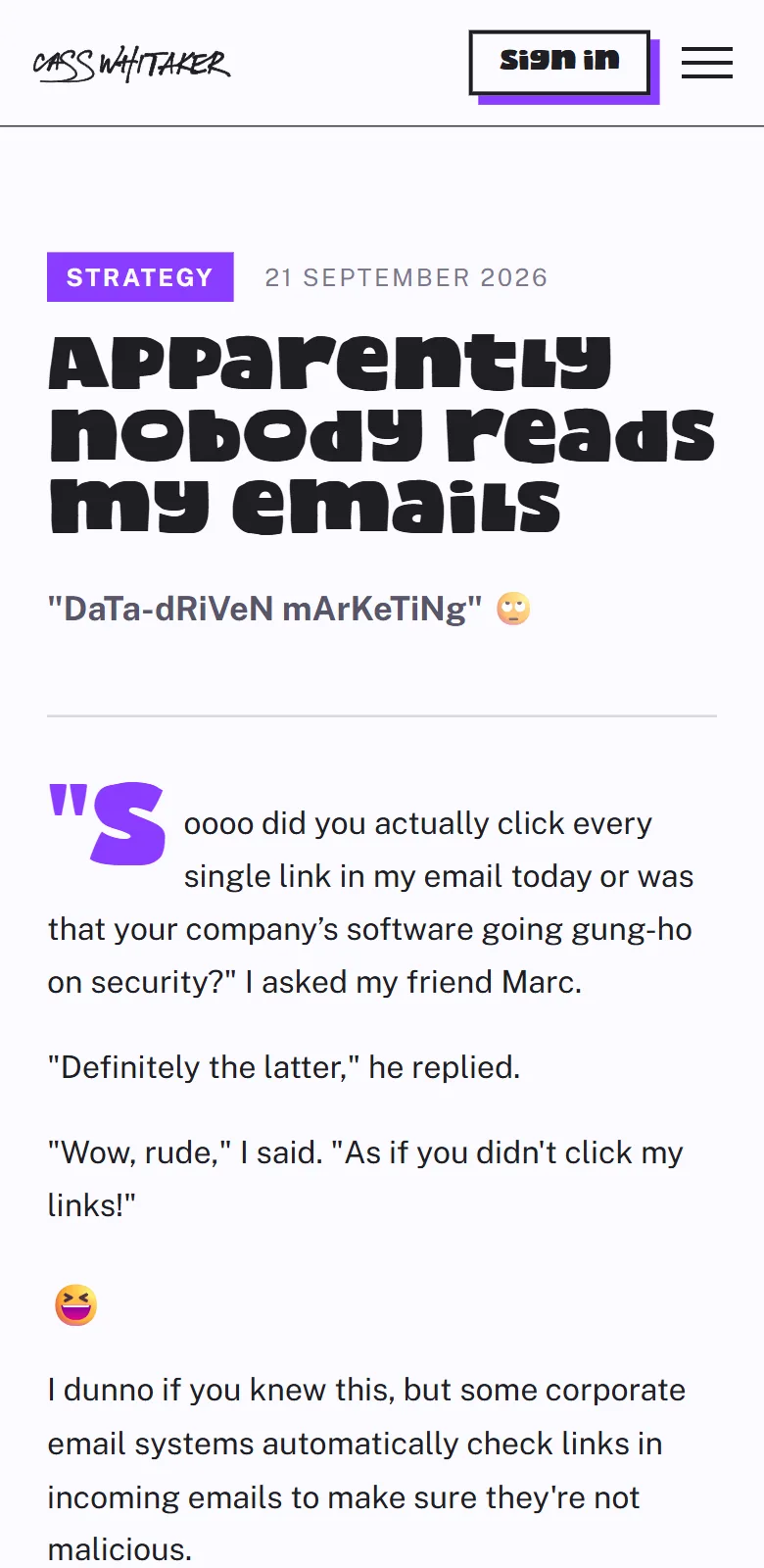 A newsletter issue on her site, on a phone: Apparently nobody reads my emails