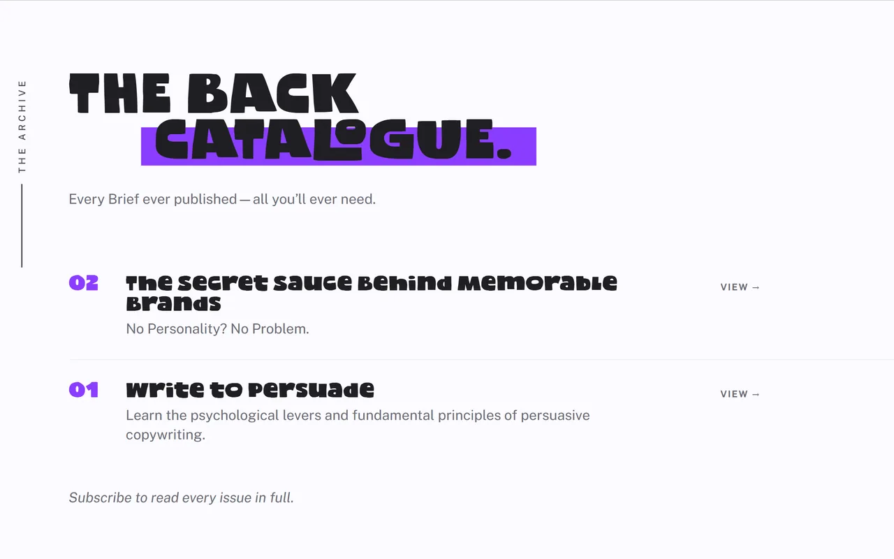The Brief's back catalogue page, listing each issue