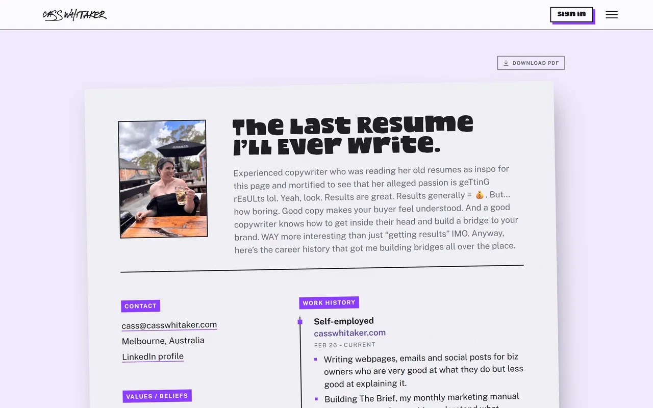 Cass's About page laid out as a resume, headed The last resume I'll ever write